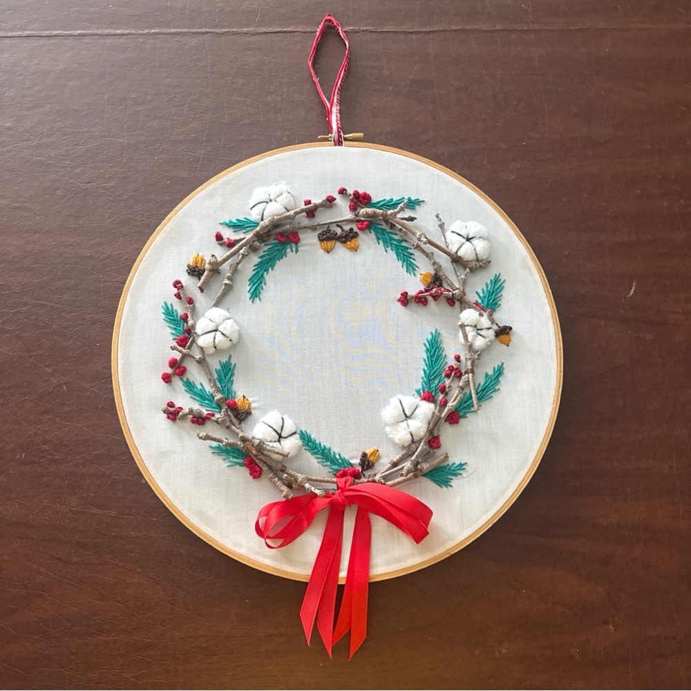Finished Hand Embroidery Hoop Artwork “Winter Wreath”; 12” Dia.